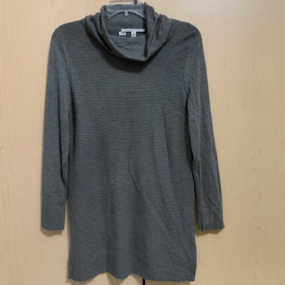 Adrienne Vittadini Women's Pullover Long Sleeve Ribbed Knit Sweater Tunic Gray L